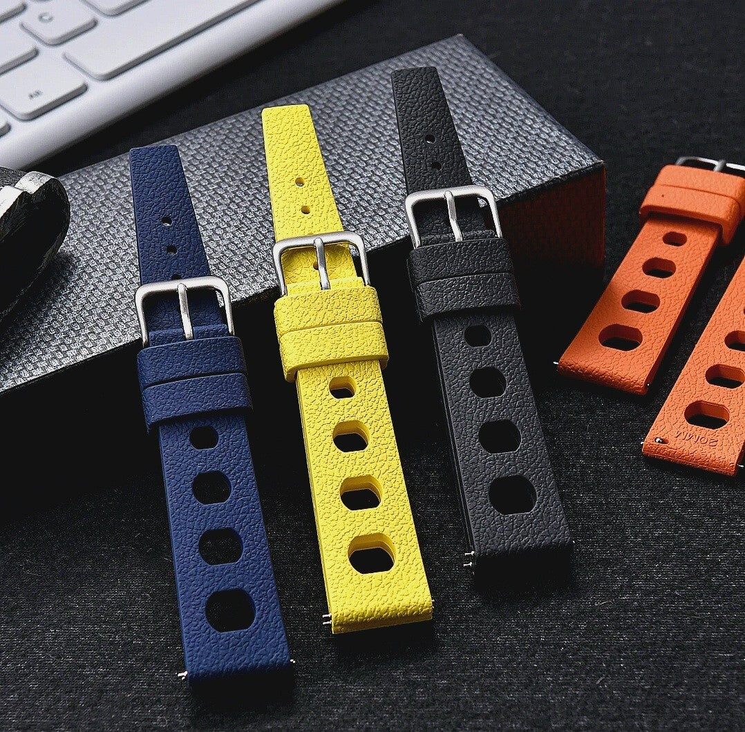 FKM Rubber Watch Strap Band Two Piece Retro Divers 20mm 22mm Black Orange Blue
