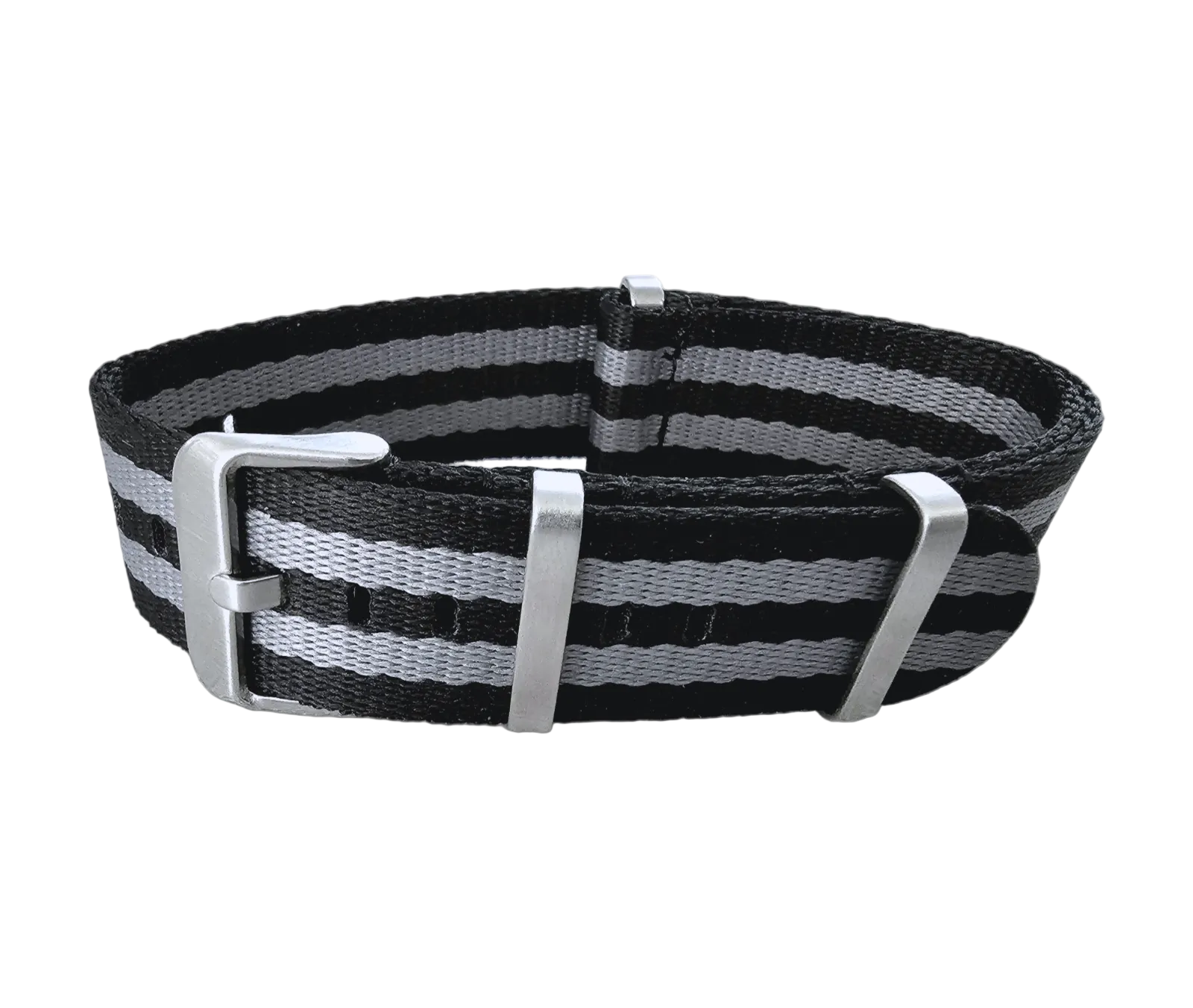 Black and gray striped watch strap with silver buckle on a white background