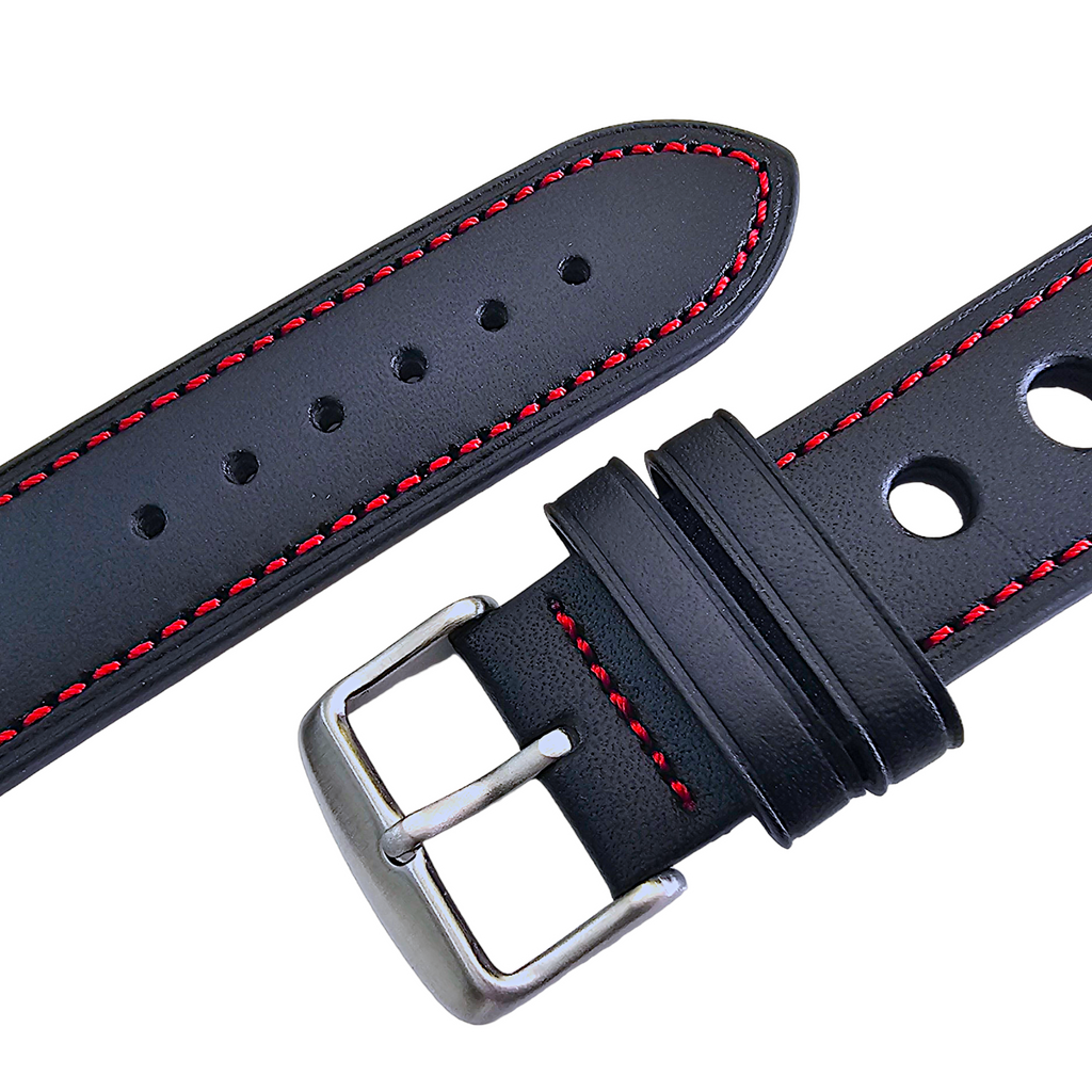 Leather Rally Racing Watch Strap Band 18 20 22 24 mm Top Grain Black Red Orange