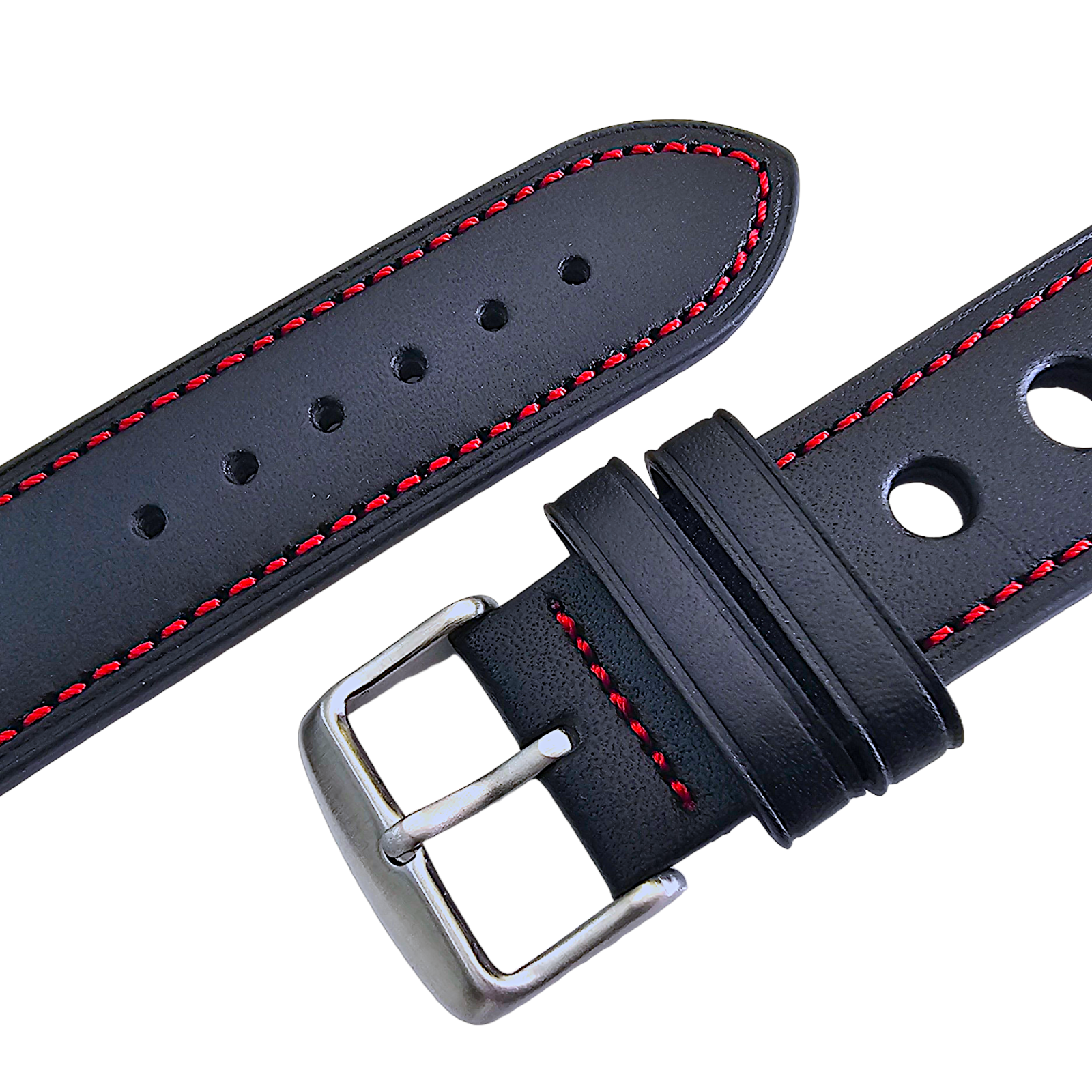 Leather Rally Racing Watch Strap Band 18 20 22 24 mm Top Grain Black Red Orange