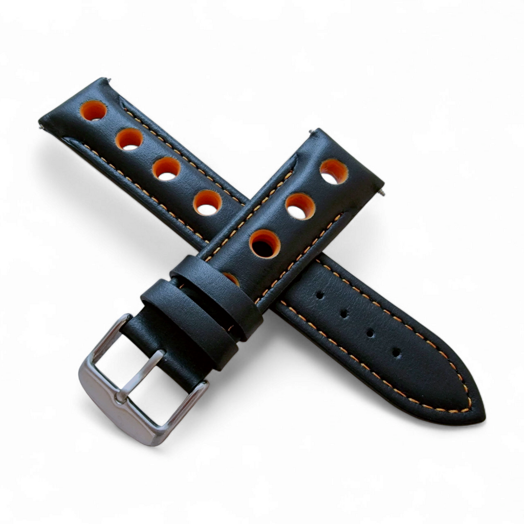 Leather Watch Strap Band Rally Racing Grand Prix 20mm 22mm 24mm Black Orange UK