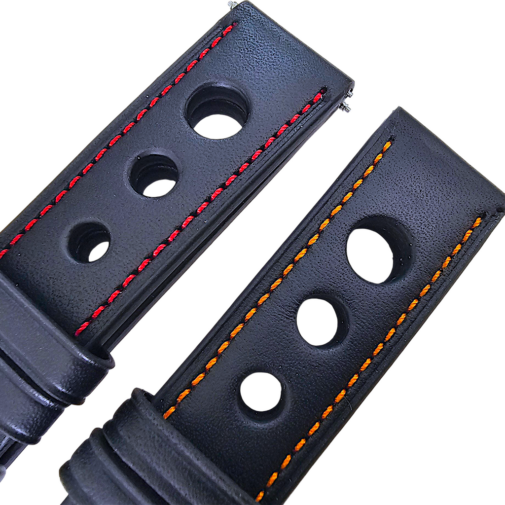 Leather Rally Racing Watch Strap Band 18 20 22 24 mm Top Grain Black Red Orange