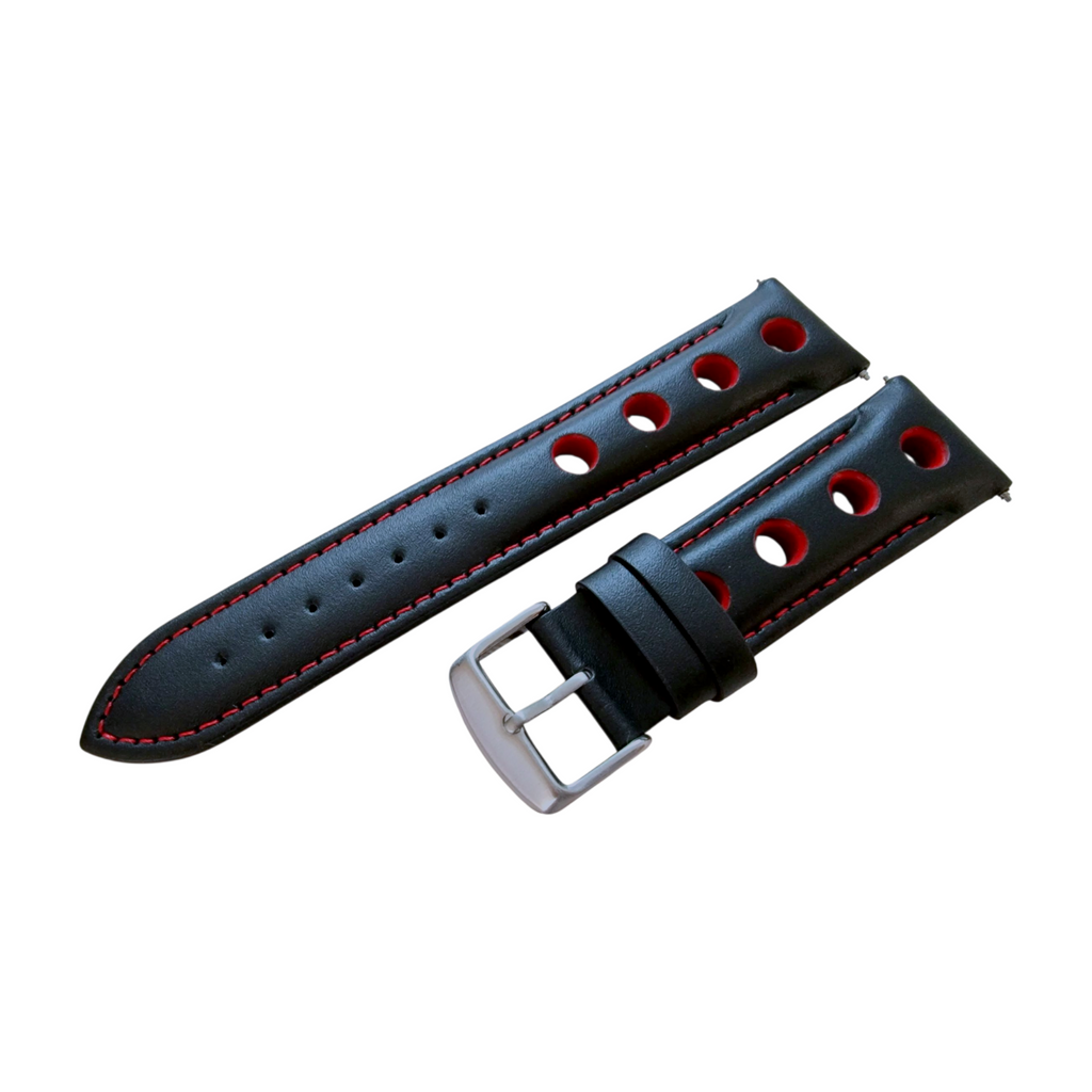 Leather Rally Watch Strap 20mm 22mm 24mm Black Red
