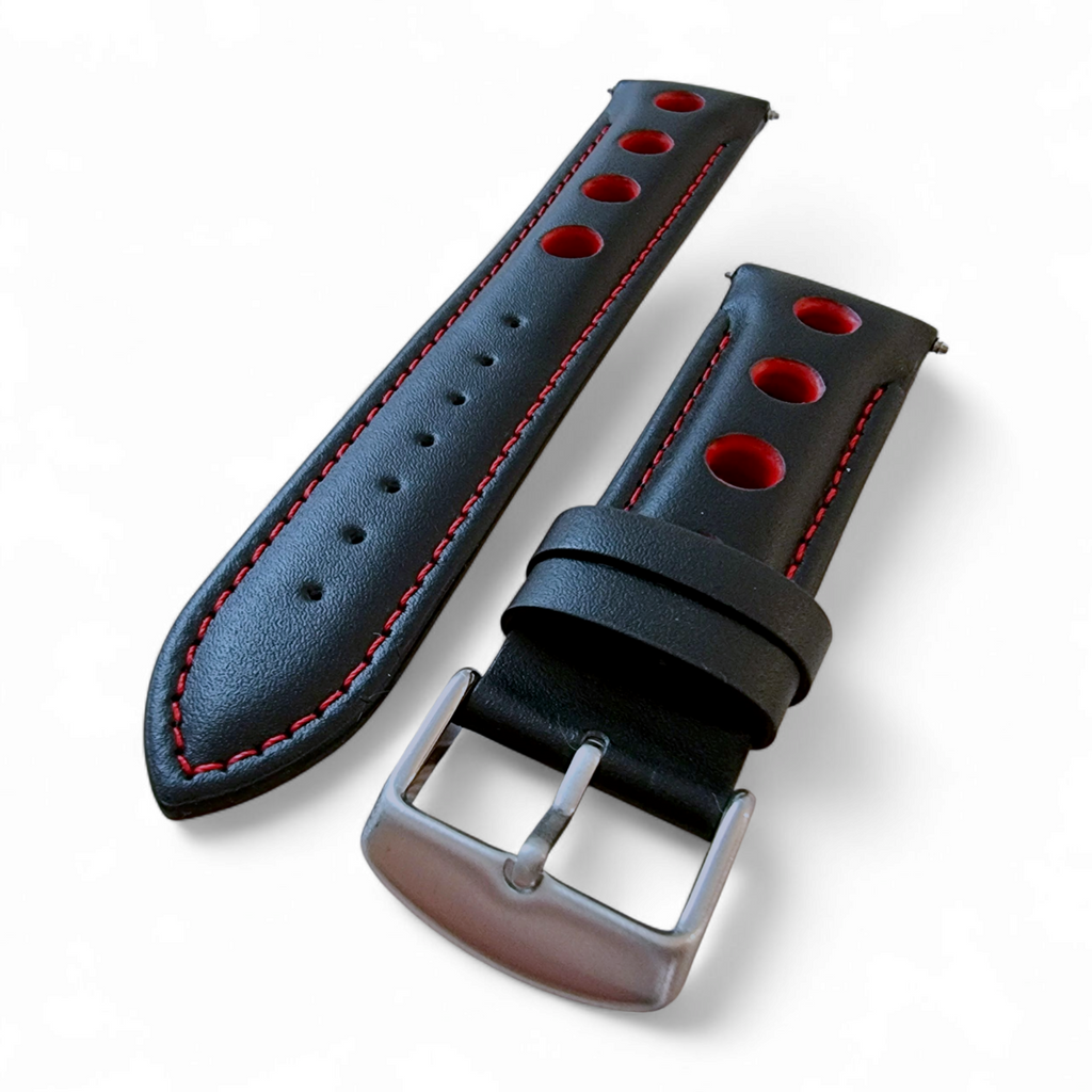 Leather Rally Watch Strap 20mm 22mm 24mm Black Red