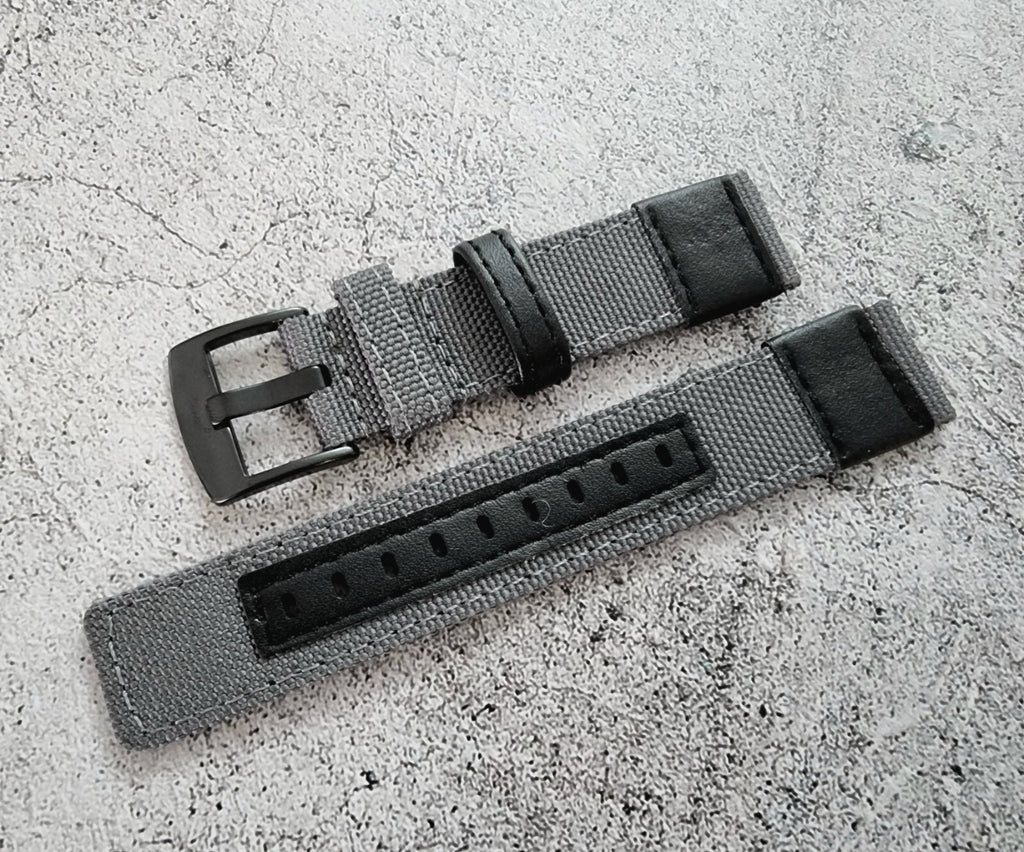 Canvas Leather Hybrid Watch Strap Band Black Buckle Nylon Sailcloth 20mm 22mm UK