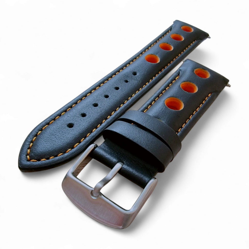 Leather Watch Strap Band Rally Racing Grand Prix 20mm 22mm 24mm Black Orange UK