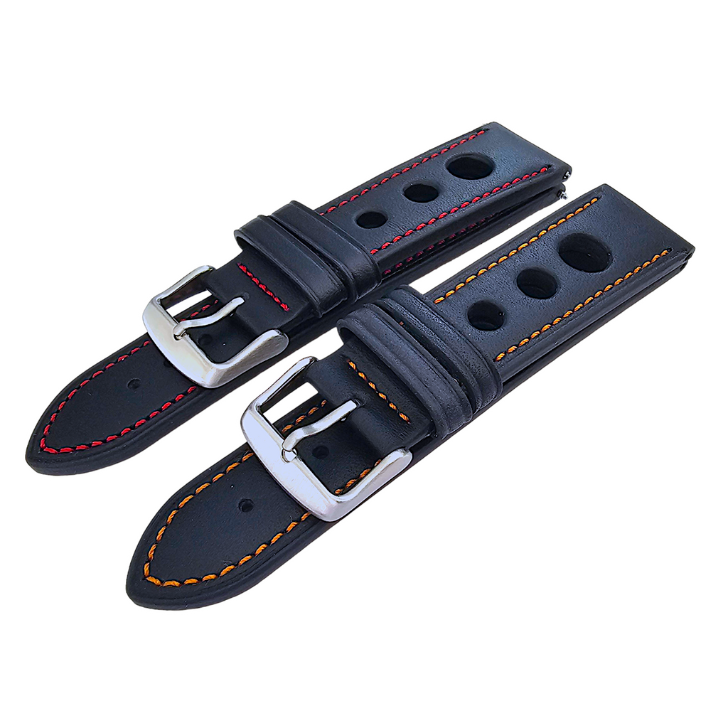 Leather Rally Racing Watch Strap Band 18 20 22 24 mm Top Grain Black Red Orange