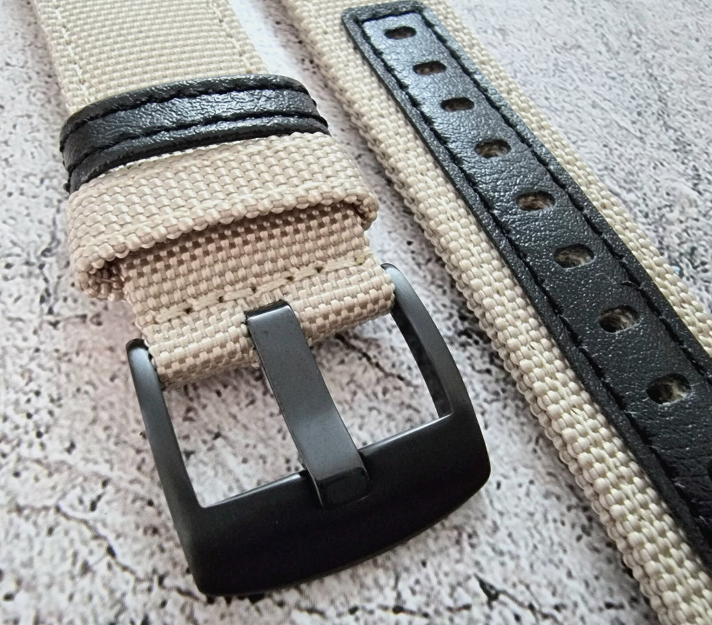 Canvas Leather Hybrid Watch Strap Band Black Buckle Nylon Sailcloth 20mm 22mm UK