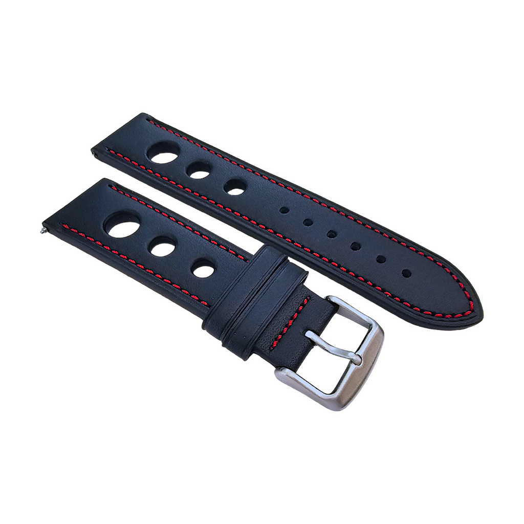 Leather Rally Racing Watch Strap Band 18 20 22 24 mm Top Grain Black Red Orange