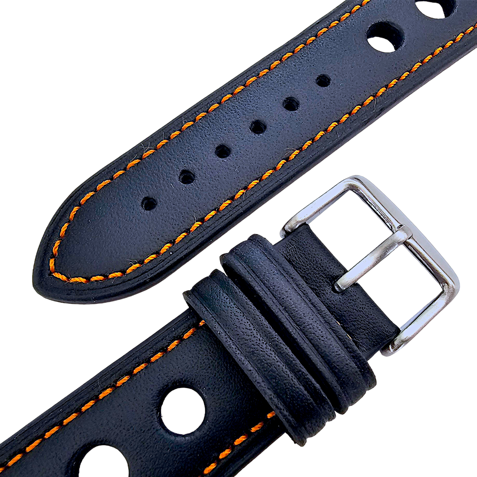 Leather Rally Racing Watch Strap Band 18 20 22 24 mm Top Grain Black Red Orange