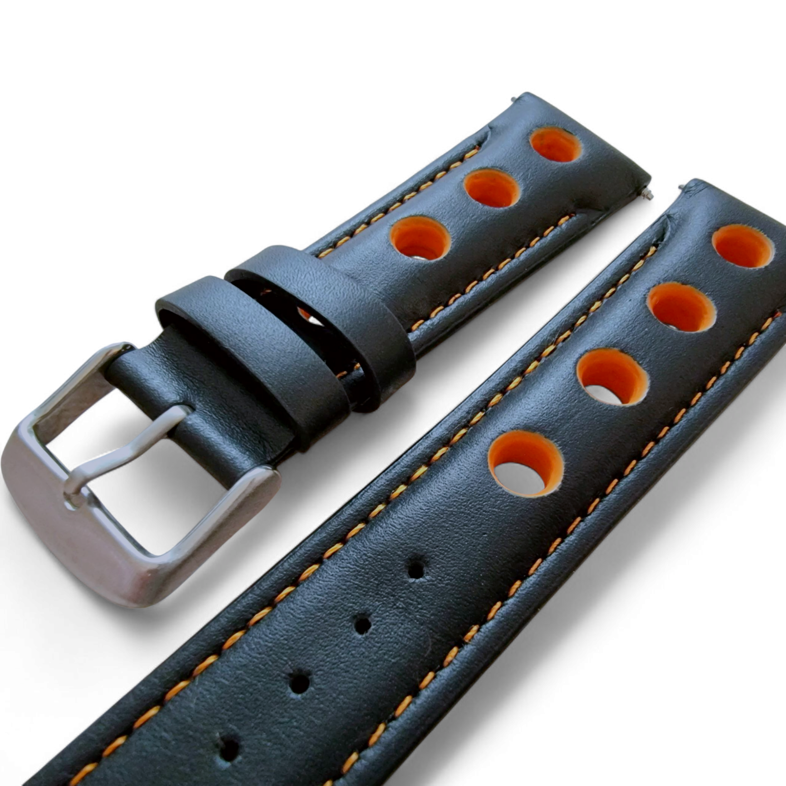 Leather Watch Strap Band Rally Racing Grand Prix 20mm 22mm 24mm Black Orange UK