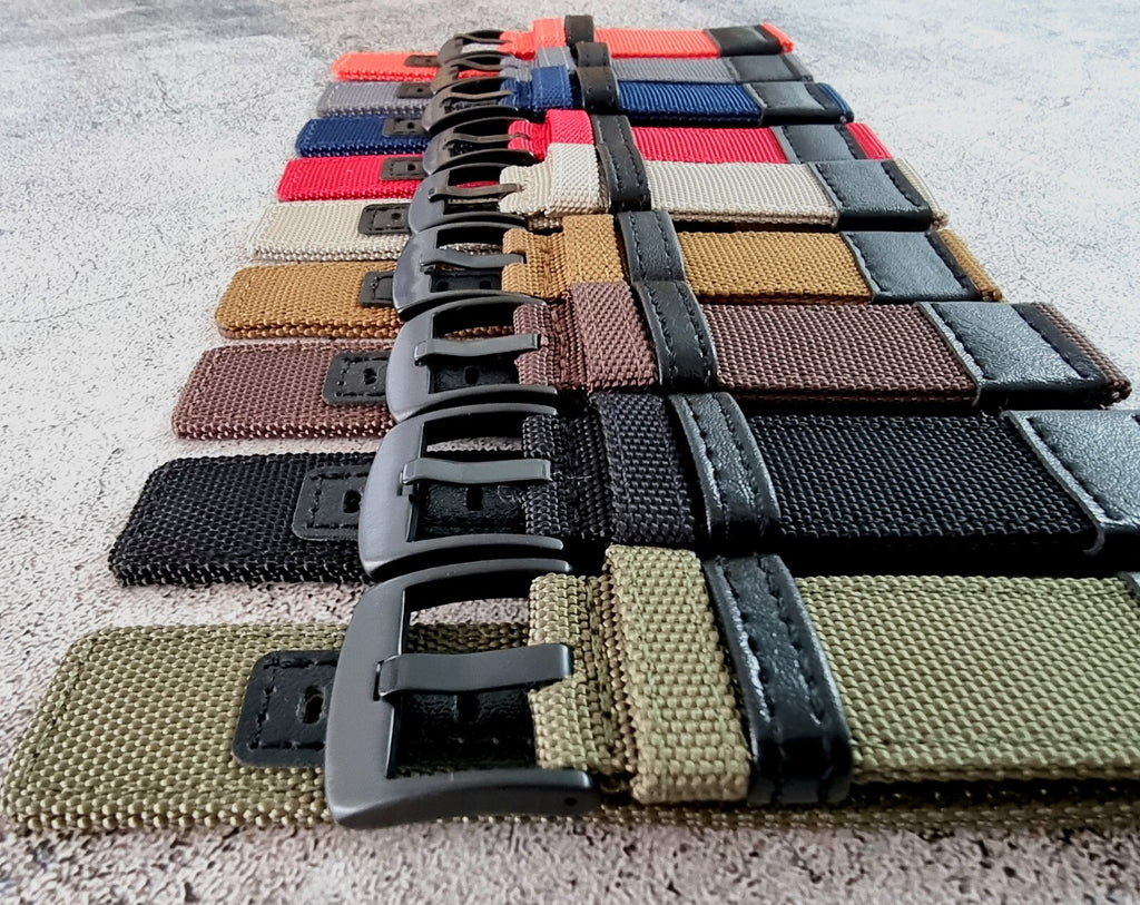 Canvas Leather Hybrid Watch Strap Band Black Buckle Nylon Sailcloth 20mm 22mm UK