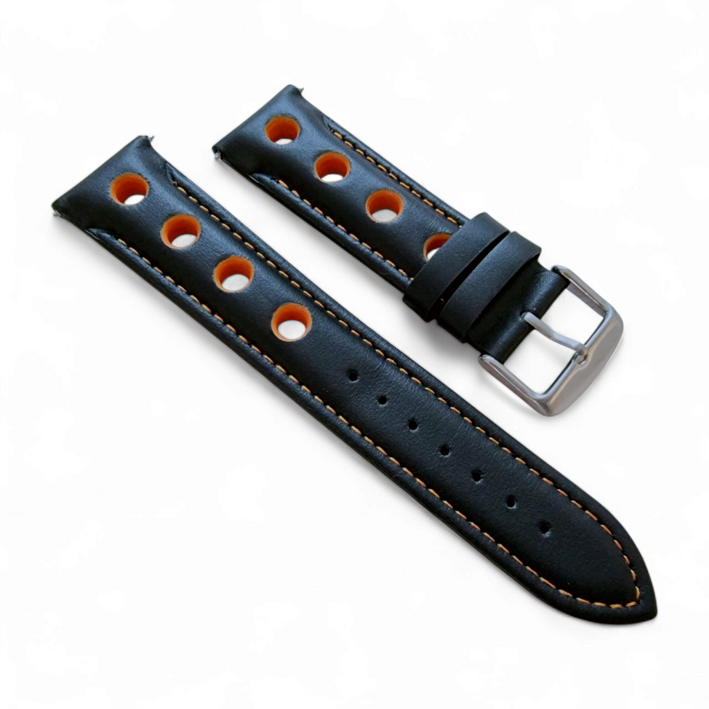 Leather Watch Strap Band Rally Racing Grand Prix 20mm 22mm 24mm Black Orange UK