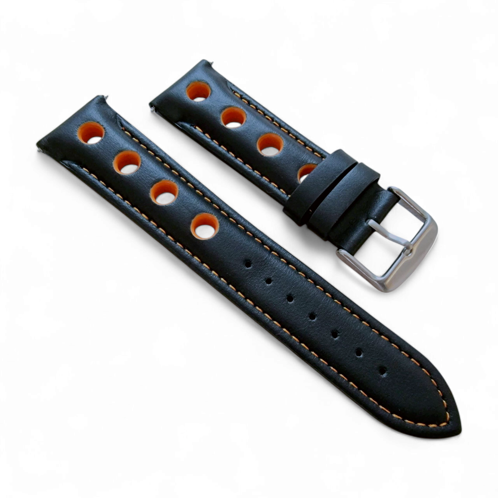 Leather Watch Strap Band Rally Racing Grand Prix 20mm 22mm 24mm Black Orange UK