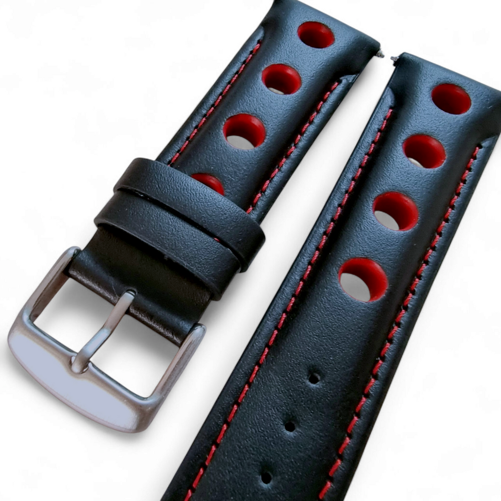Leather Rally Watch Strap 20mm 22mm 24mm Black Red