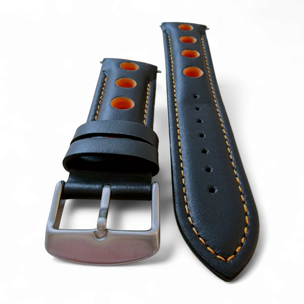 Leather Watch Strap Band Rally Racing Grand Prix 20mm 22mm 24mm Black Orange UK