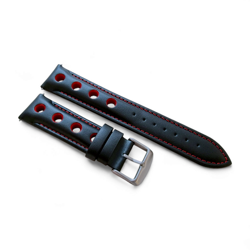 Leather Rally Watch Strap 20mm 22mm 24mm Black Red
