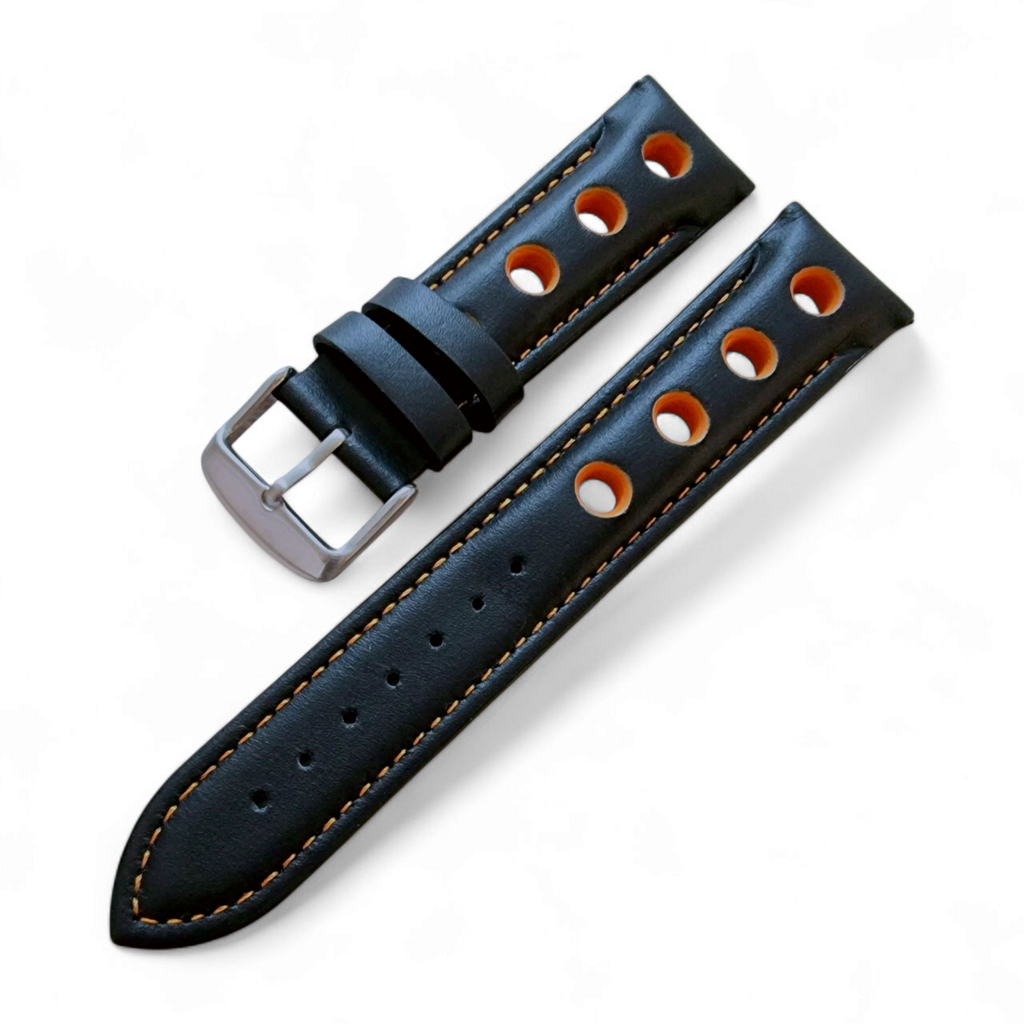 Leather Watch Strap Band Rally Racing Grand Prix 20mm 22mm 24mm Black Orange UK