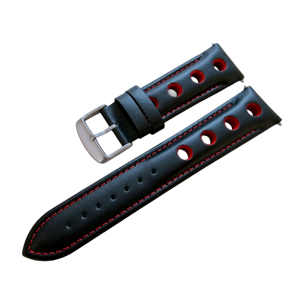 Leather Rally Watch Strap 20mm 22mm 24mm Black Red