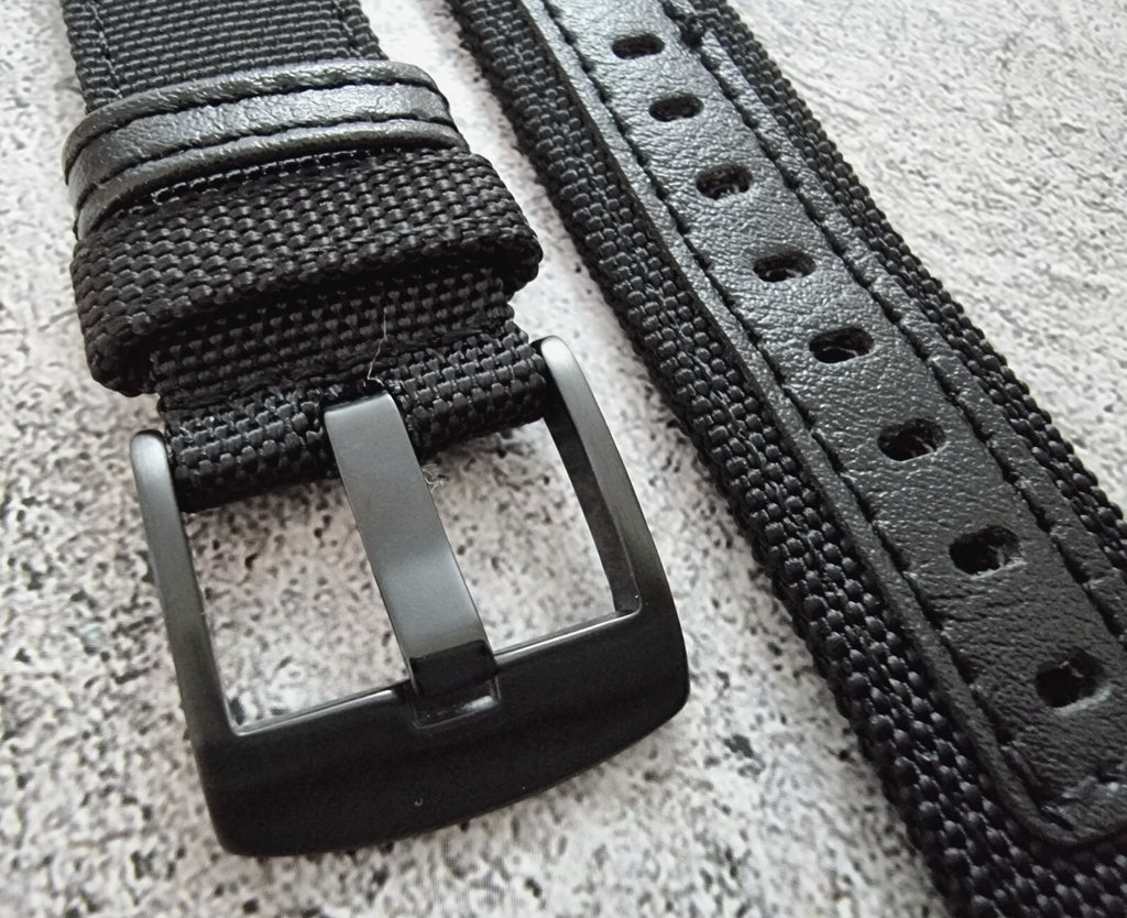 Canvas Leather Hybrid Watch Strap Band Black Buckle Nylon Sailcloth 20mm 22mm UK