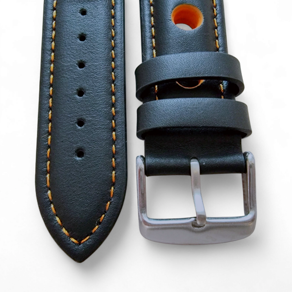 Leather Watch Strap Band Rally Racing Grand Prix 20mm 22mm 24mm Black Orange UK