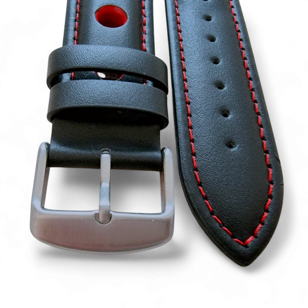 Leather Rally Watch Strap 20mm 22mm 24mm Black Red