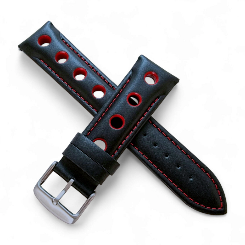 Leather Rally Watch Strap 20mm 22mm 24mm Black Red