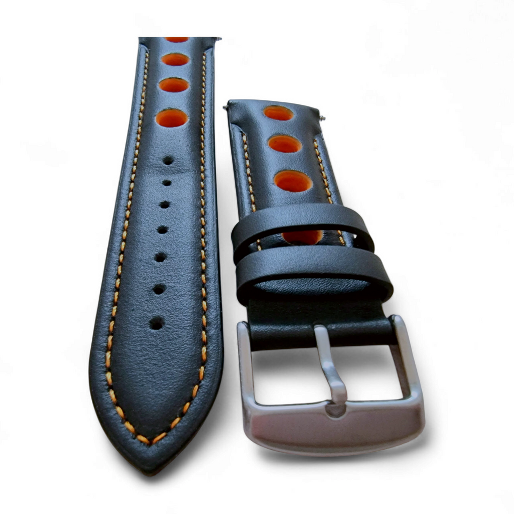 Leather Watch Strap Band Rally Racing Grand Prix 20mm 22mm 24mm Black Orange UK