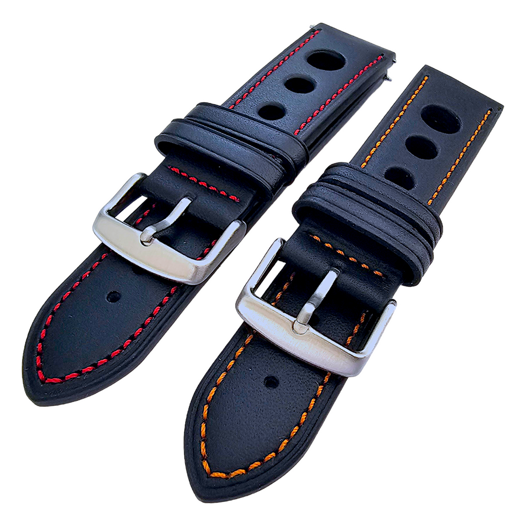 Leather Rally Racing Watch Strap Band 18 20 22 24 mm Top Grain Black Red Orange