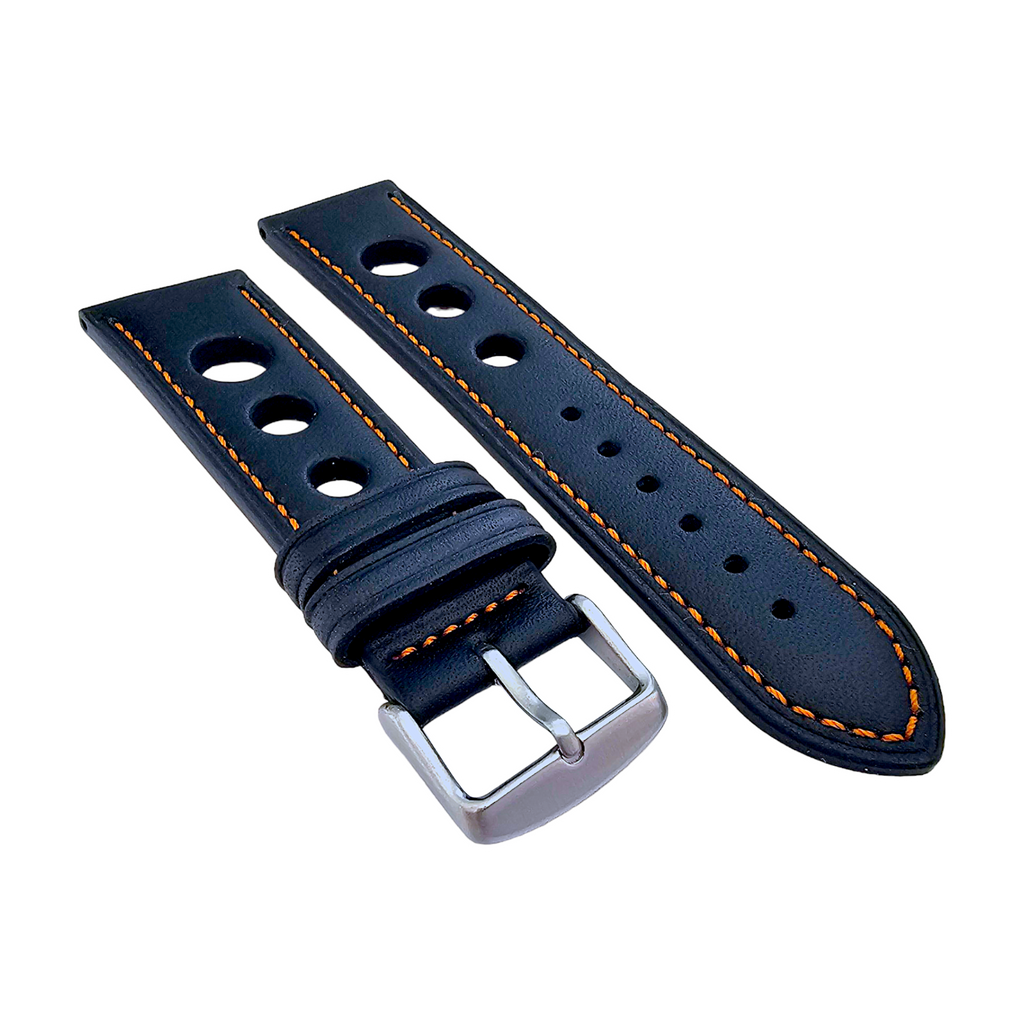 Leather Rally Racing Watch Strap Band 18 20 22 24 mm Top Grain Black Red Orange