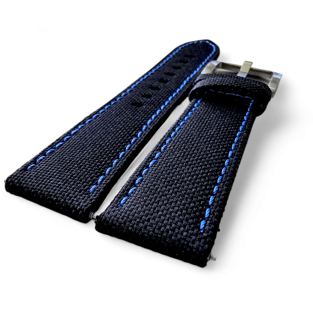 Canvas Watch Strap in Black with Blue Stitching 18mm 20mm 22mm