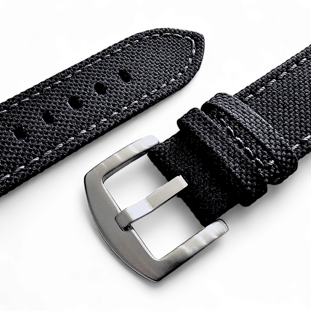 Canvas Watch Strap in Black with Grey Stitching 18mm 20mm 22mm