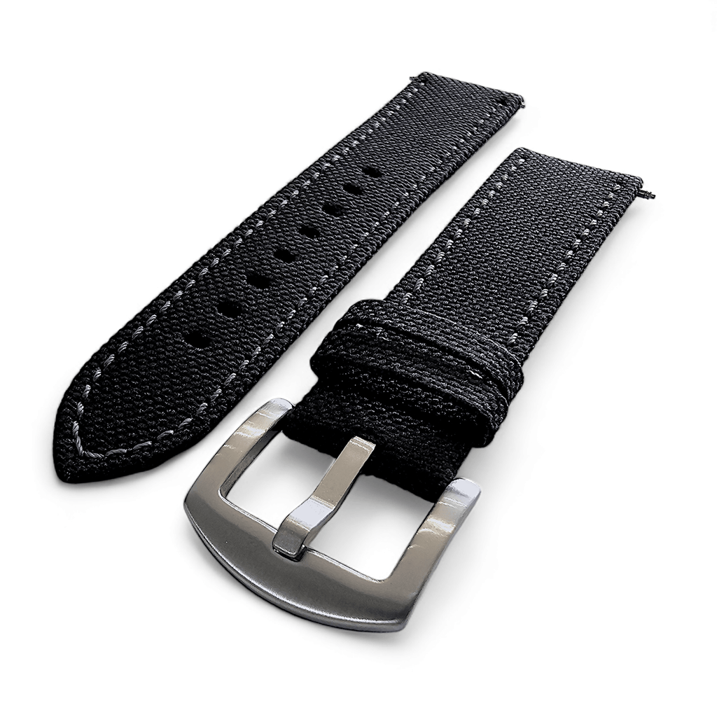 Canvas Watch Strap in Black with Grey Stitching 18mm 20mm 22mm