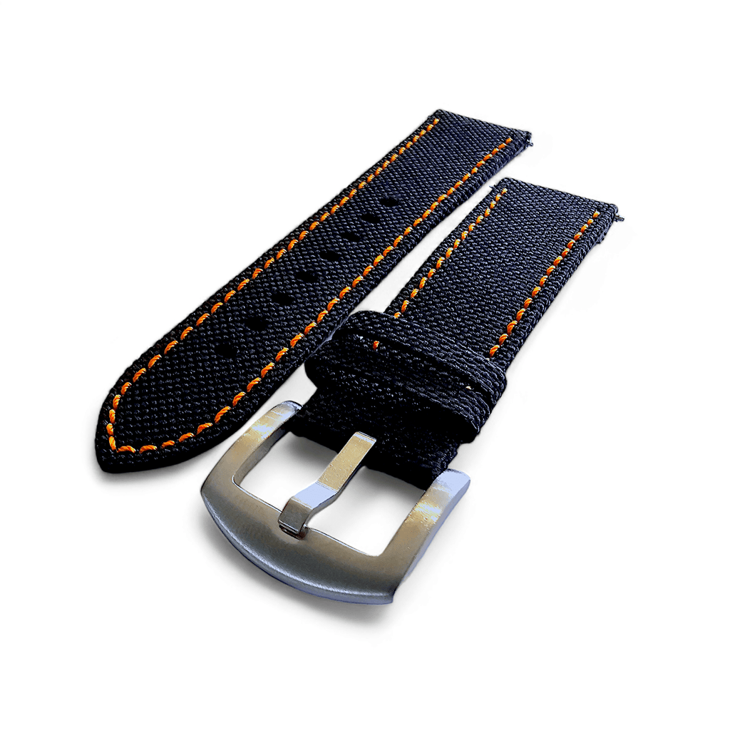 Canvas Watch Strap in Black with Orange Stitching 18mm 20mm 22mm 24mm