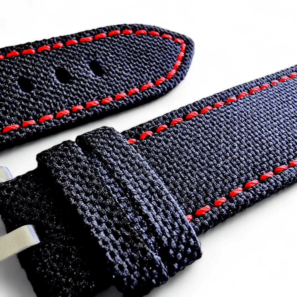 Canvas Watch Strap in Black with Red Stitching 18mm 20mm 22mm 24mm