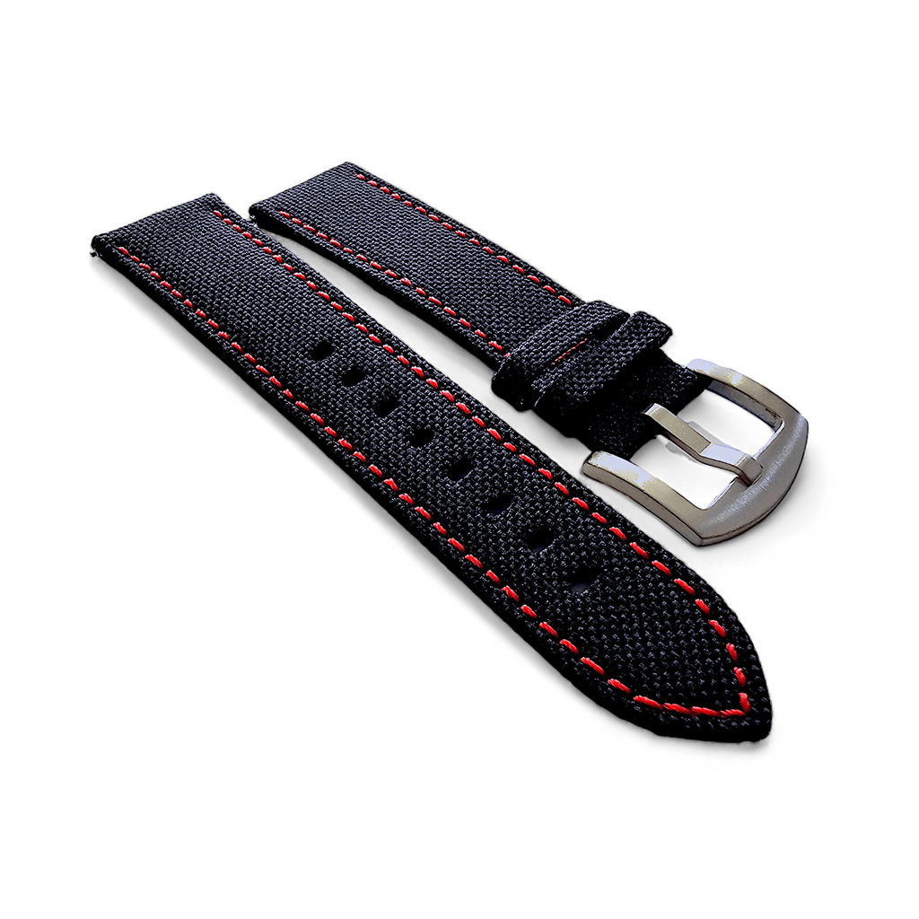 Canvas Watch Strap in Black with Red Stitching 18mm 20mm 22mm 24mm