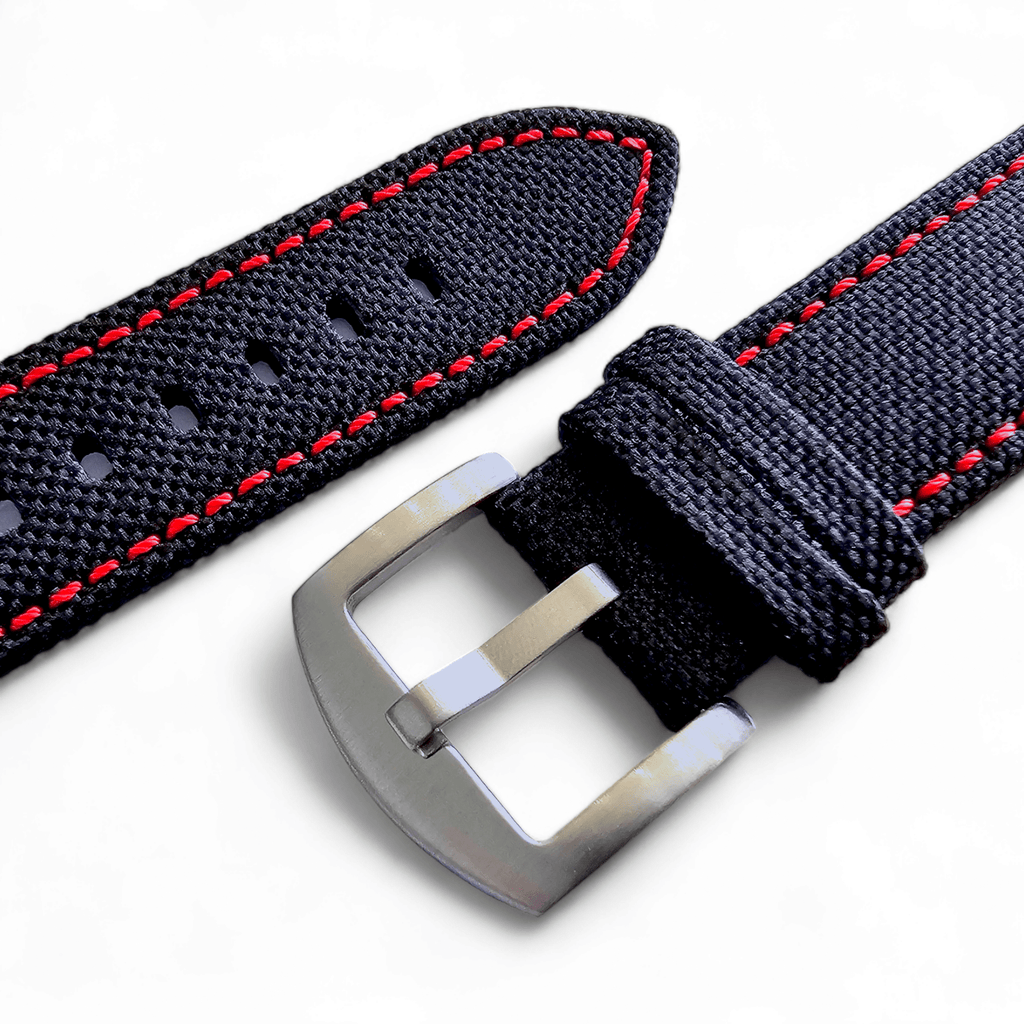 Canvas Watch Strap in Black with Red Stitching 18mm 20mm 22mm 24mm