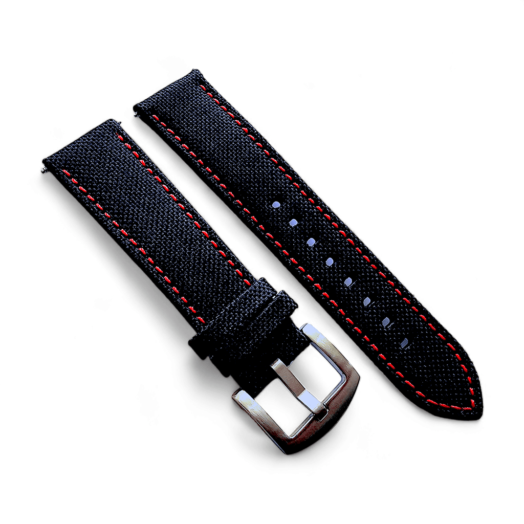 Canvas Watch Strap in Black with Red Stitching 18mm 20mm 22mm 24mm