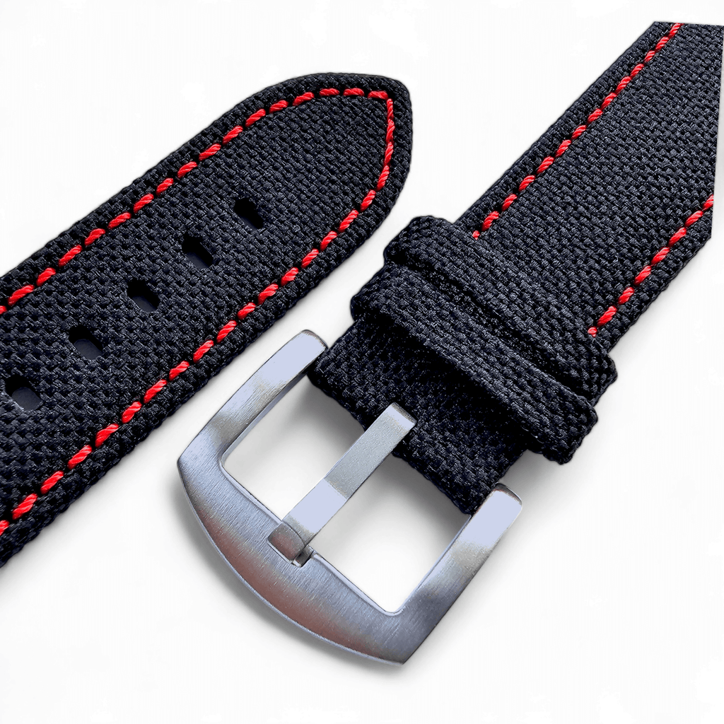 Canvas Watch Strap in Black with Red Stitching 18mm 20mm 22mm 24mm