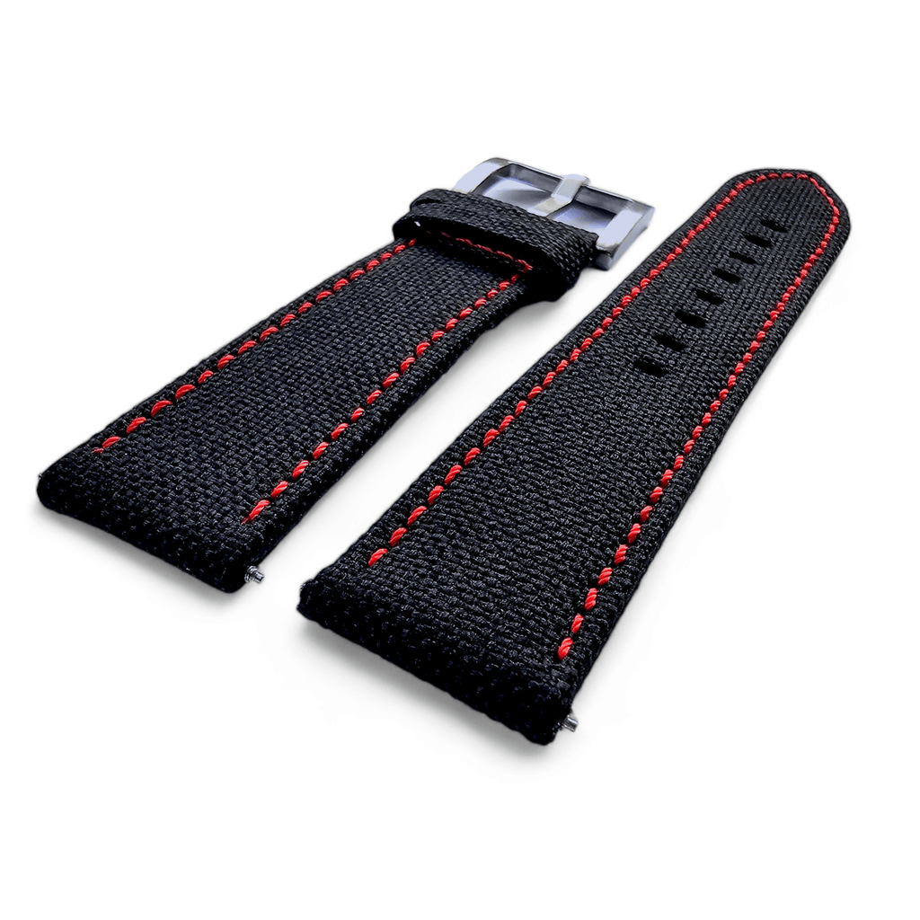 Canvas Watch Strap in Black with Red Stitching 18mm 20mm 22mm 24mm