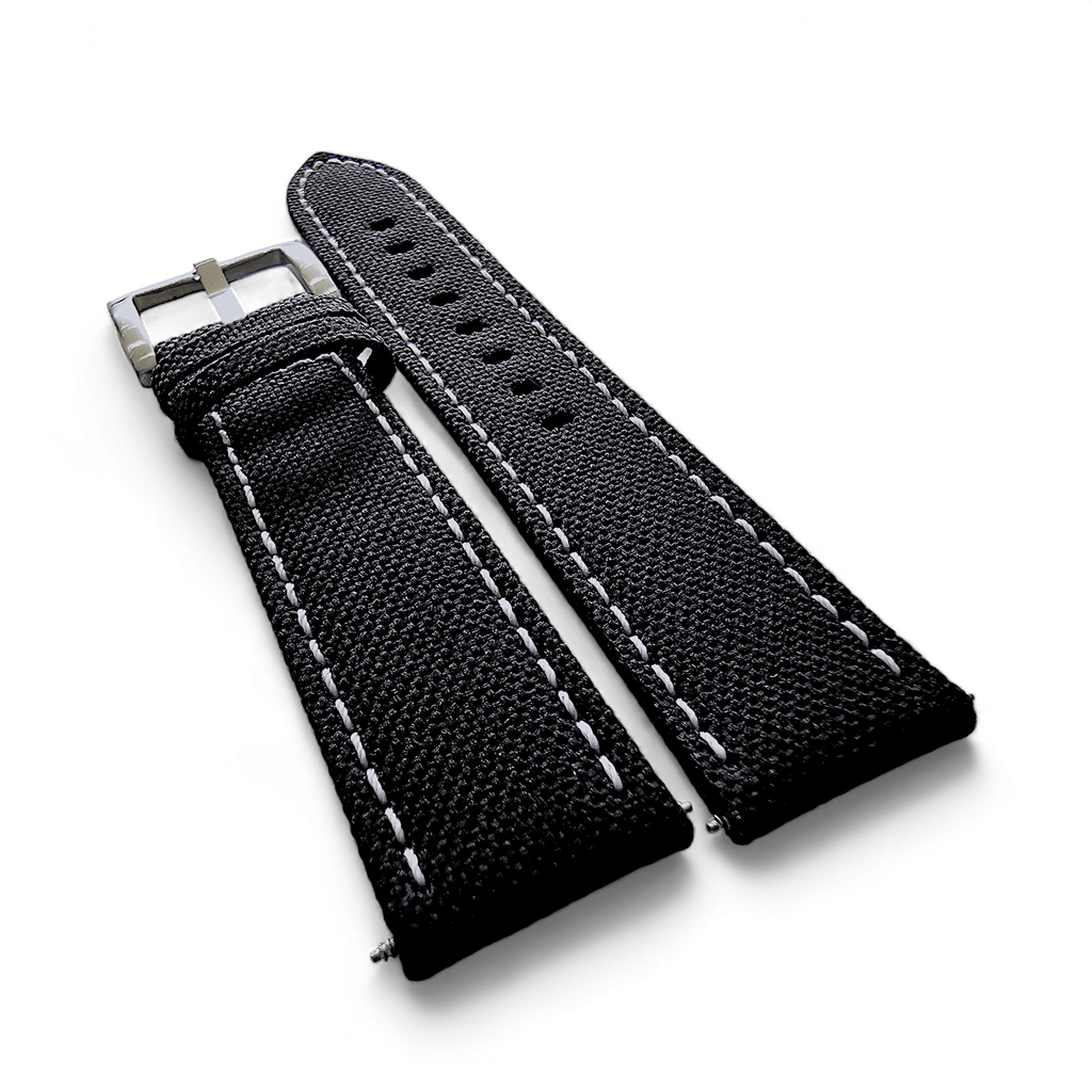 Canvas Watch Strap in Black with White Stitching 18mm 20mm 22mm 24mm