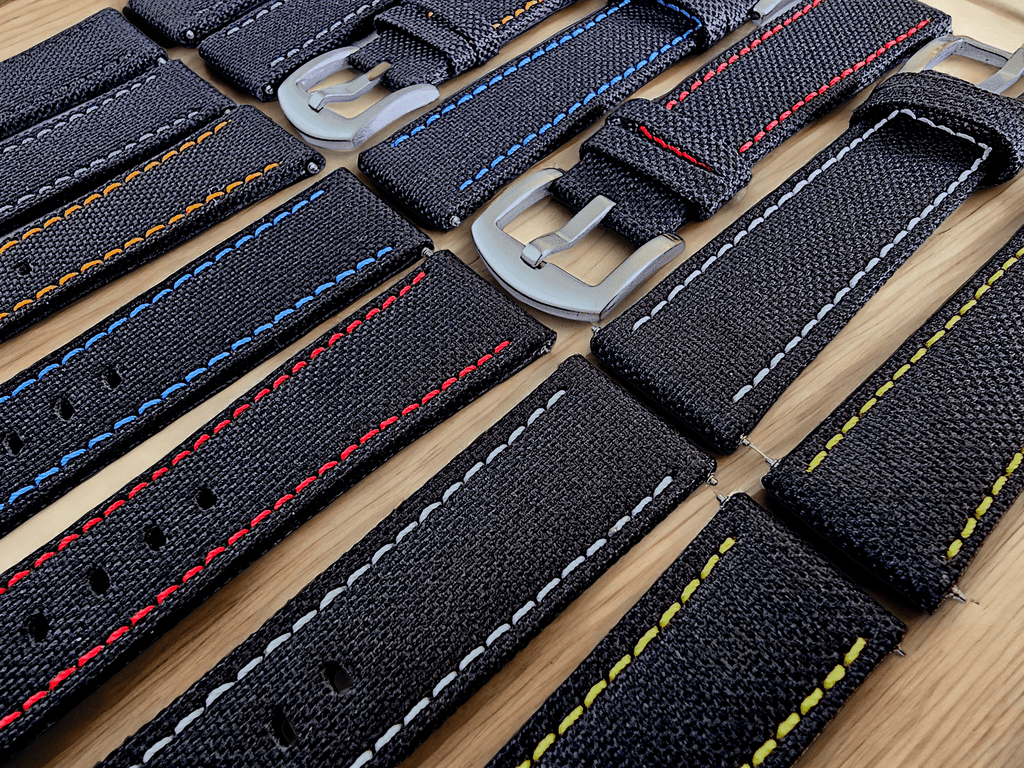Canvas Watch Strap in Black with White Stitching 18mm 20mm 22mm 24mm