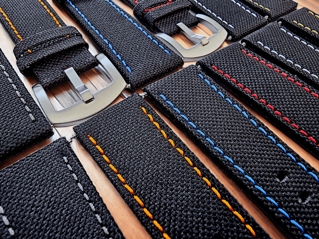 Canvas Watch Strap in Black with Yellow Stitching 18mm 20mm 22mm