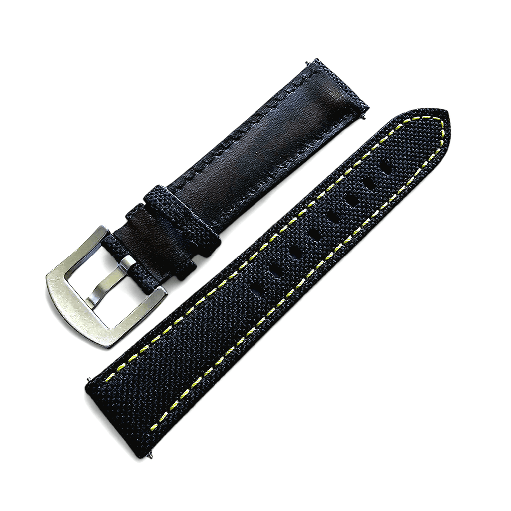 Canvas Watch Strap in Black with Yellow Stitching 18mm 20mm 22mm