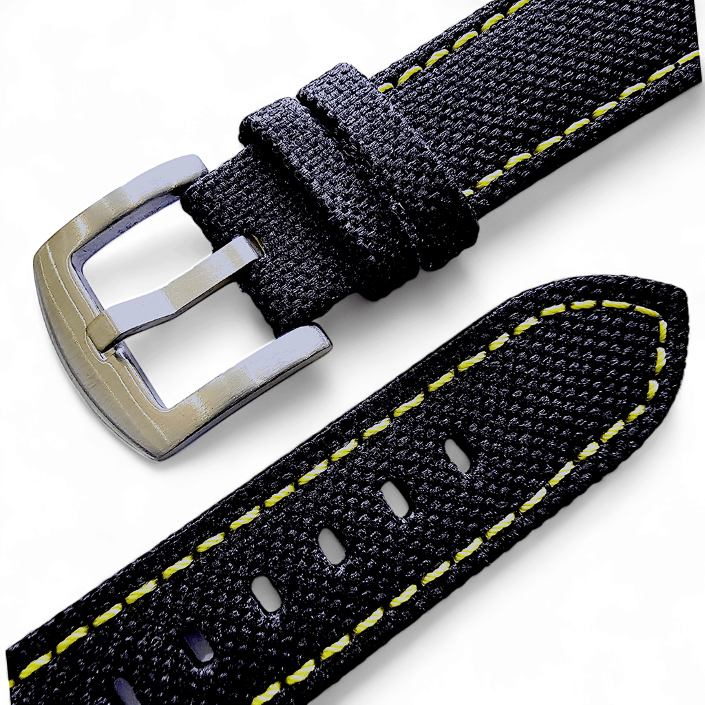 Canvas Watch Strap in Black with Yellow Stitching 18mm 20mm 22mm