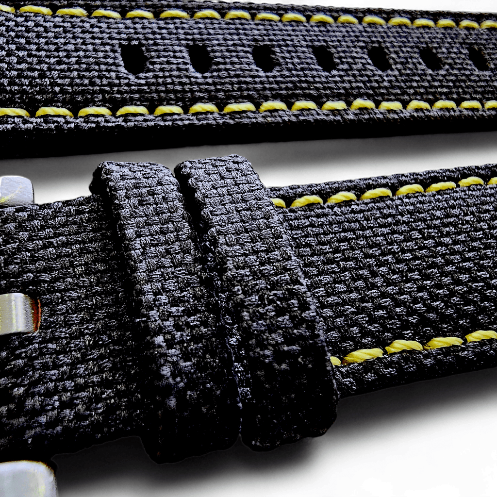 Canvas Watch Strap in Black with Yellow Stitching 18mm 20mm 22mm